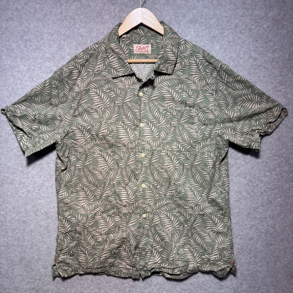 Jachs NY Mens XL Green Tropical Palm Leaf Rayon Cotton Button Down Shirt